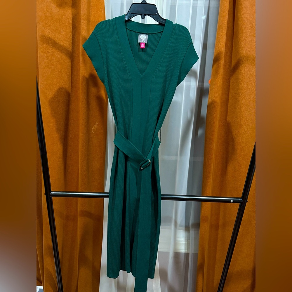 Vince Camuto V-Neck Body-Con Belted Rib Sweater Dress